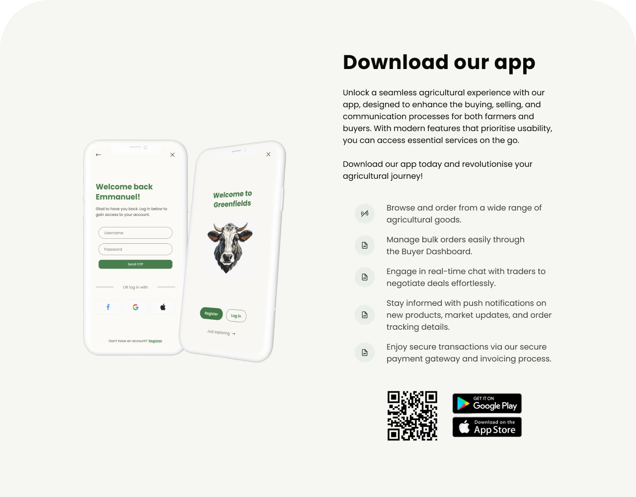 Download our app to browse and order agricultural goods, manage bulk orders, chat with traders, get push notifications, and pay securely. Available on Google Play and the App Store.
